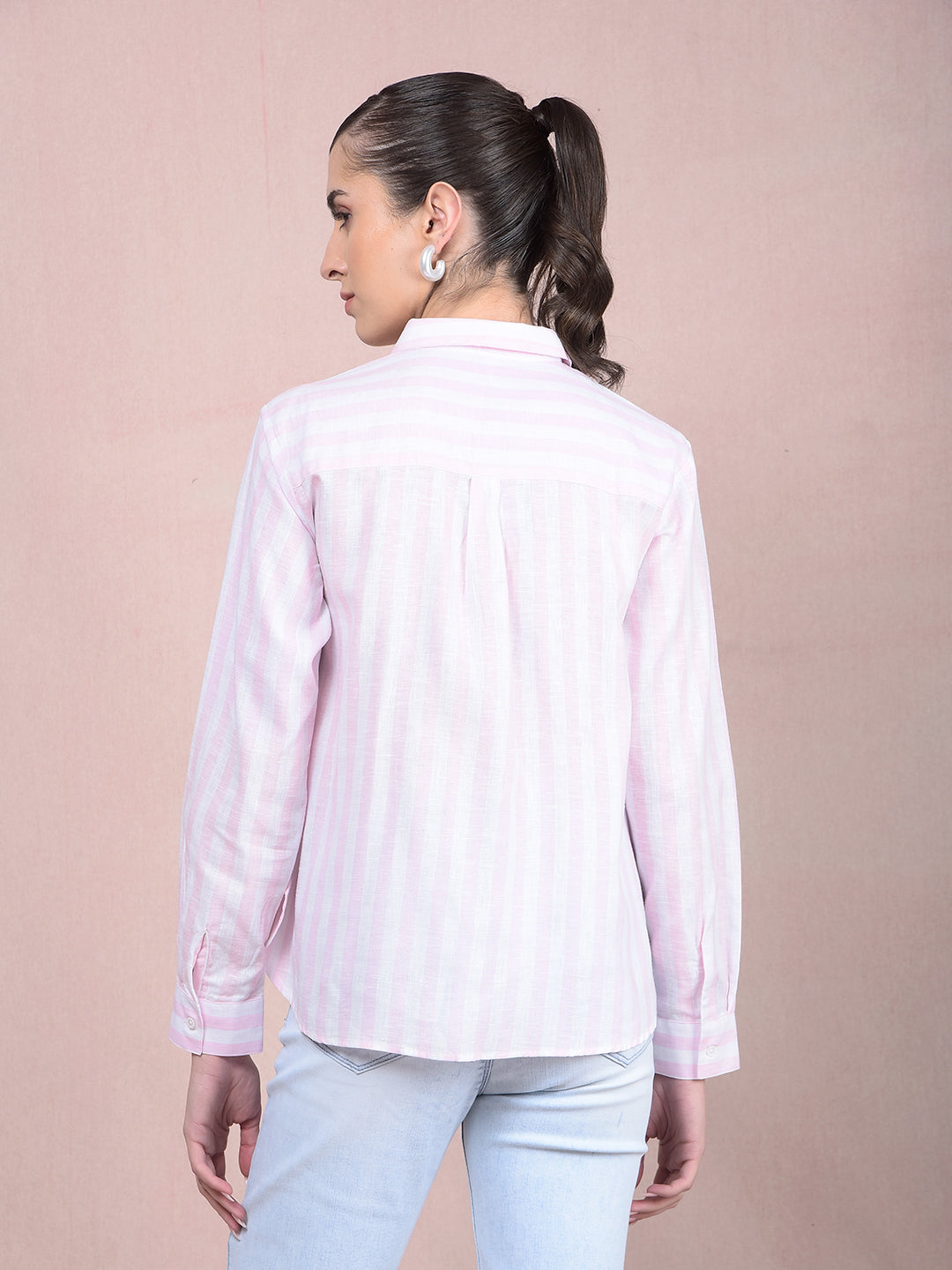 Pink Vertical Stripes Linen Shirt-Women Shirts-Crimsoune Club