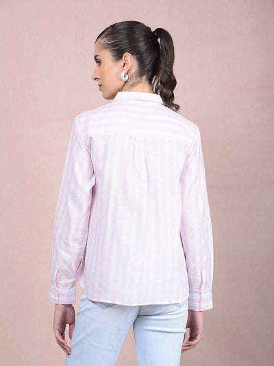 Pink Vertical Stripes Linen Shirt-Women Shirts-Crimsoune Club