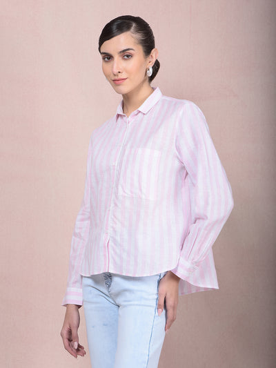 Pink Vertical Stripes Linen Shirt-Women Shirts-Crimsoune Club