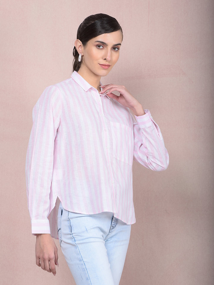 Pink Vertical Stripes Linen Shirt-Women Shirts-Crimsoune Club