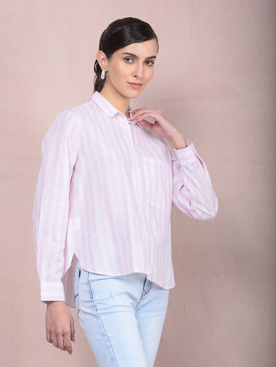 Pink Vertical Stripes Linen Shirt-Women Shirts-Crimsoune Club