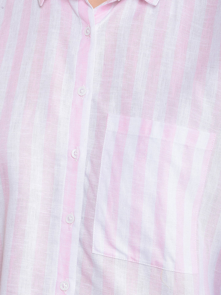Pink Vertical Stripes Linen Shirt-Women Shirts-Crimsoune Club