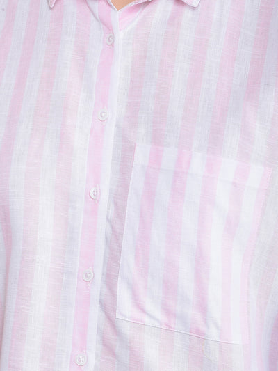 Pink Vertical Stripes Linen Shirt-Women Shirts-Crimsoune Club