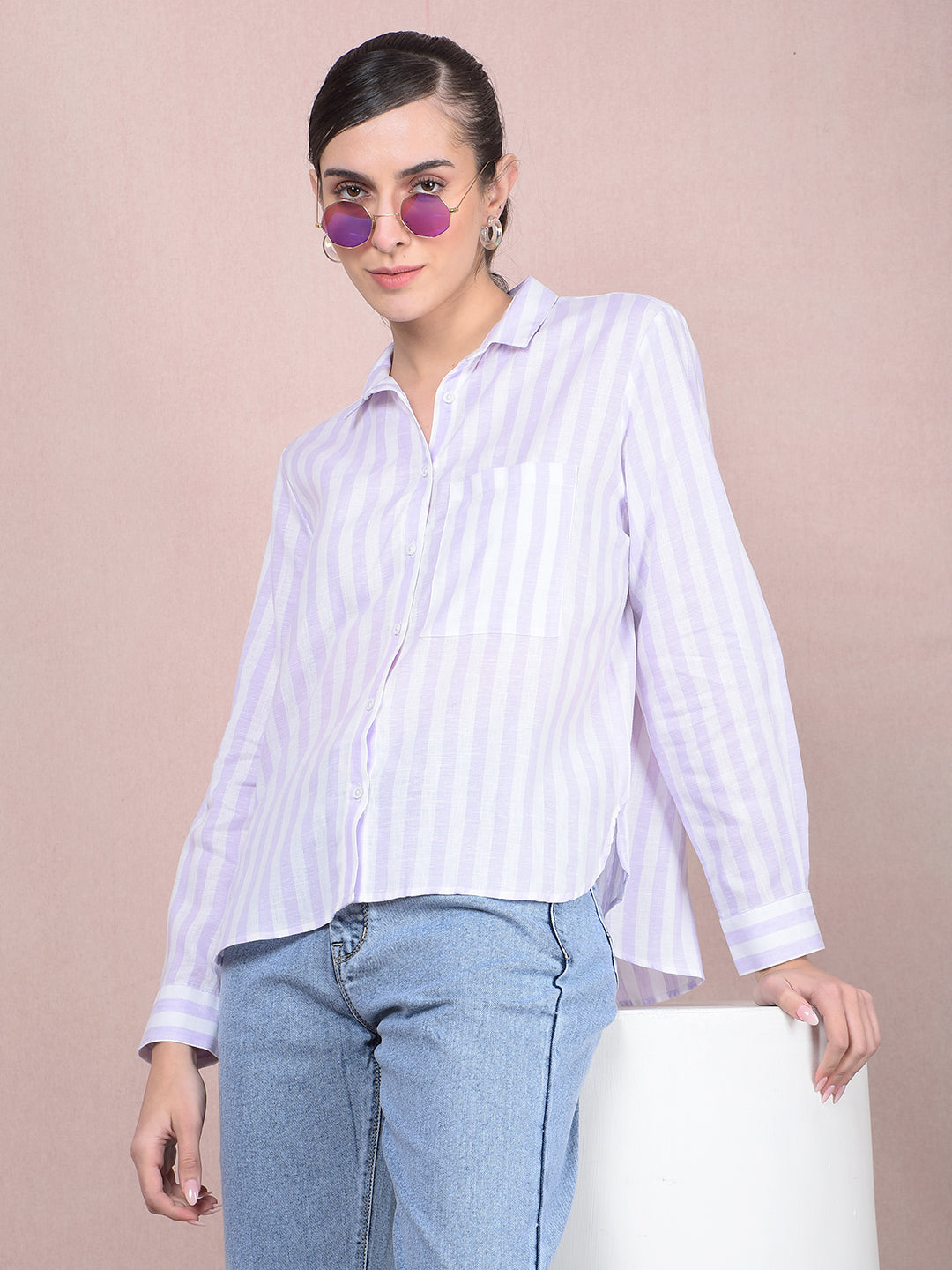 Purple Vertical Stripes Linen Shirt-Women Shirts-Crimsoune Club