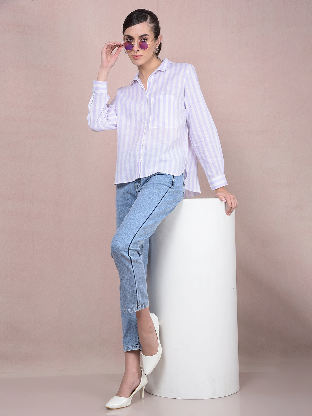 Purple Vertical Stripes Linen Shirt-Women Shirts-Crimsoune Club
