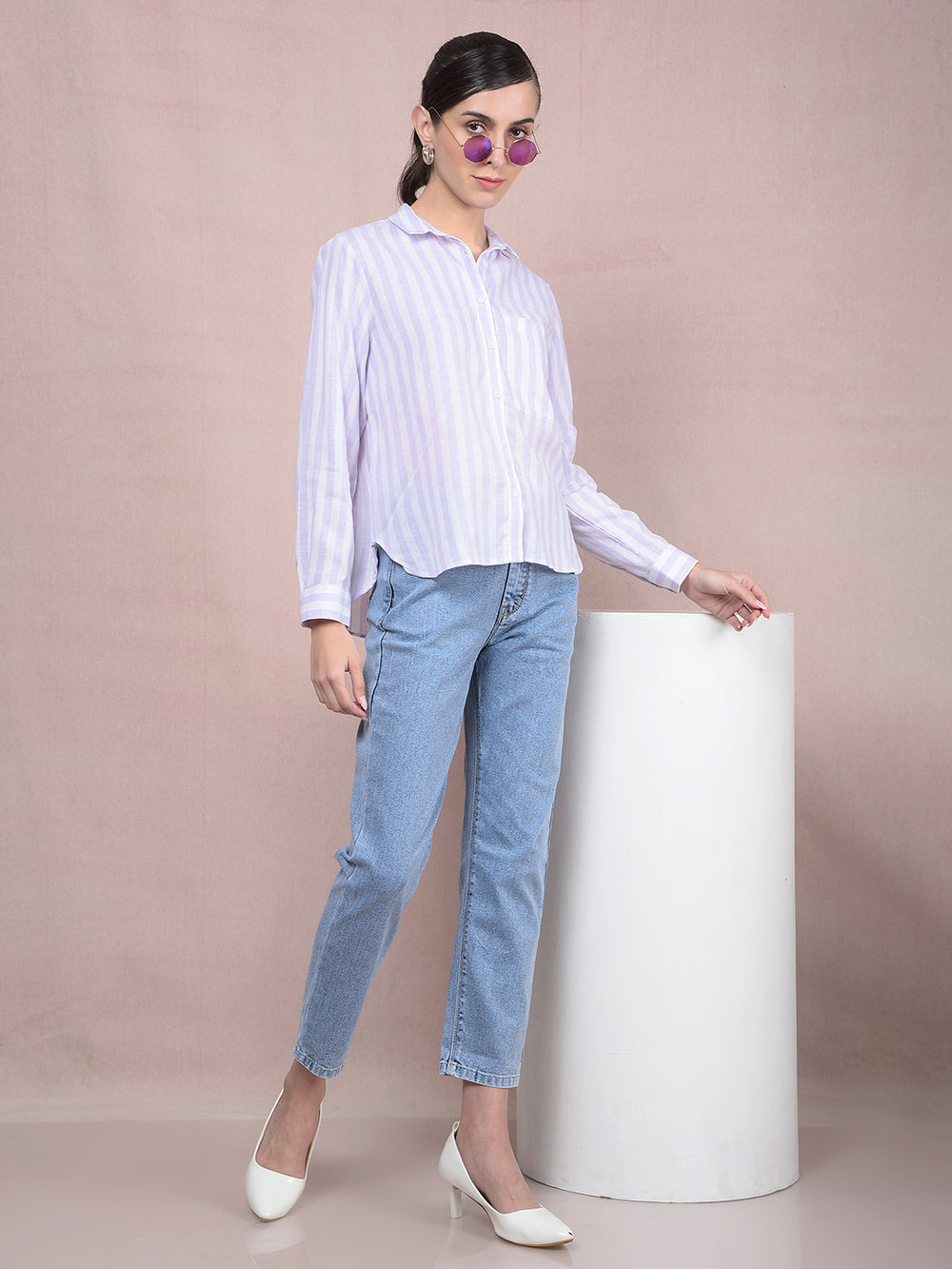 Purple Vertical Stripes Linen Shirt-Women Shirts-Crimsoune Club