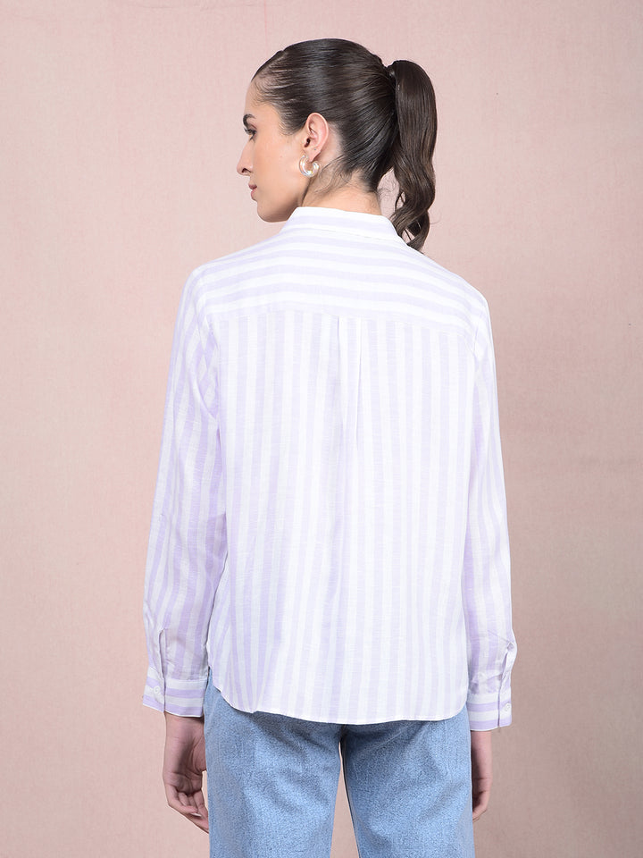 Purple Vertical Stripes Linen Shirt-Women Shirts-Crimsoune Club