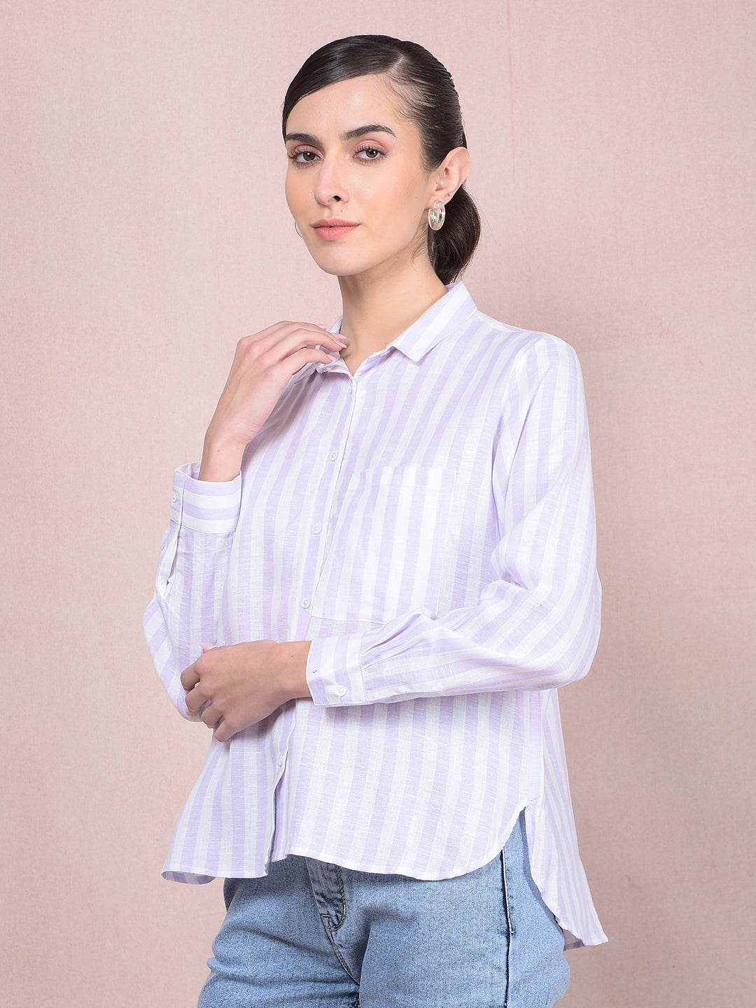 Purple Vertical Stripes Linen Shirt-Women Shirts-Crimsoune Club