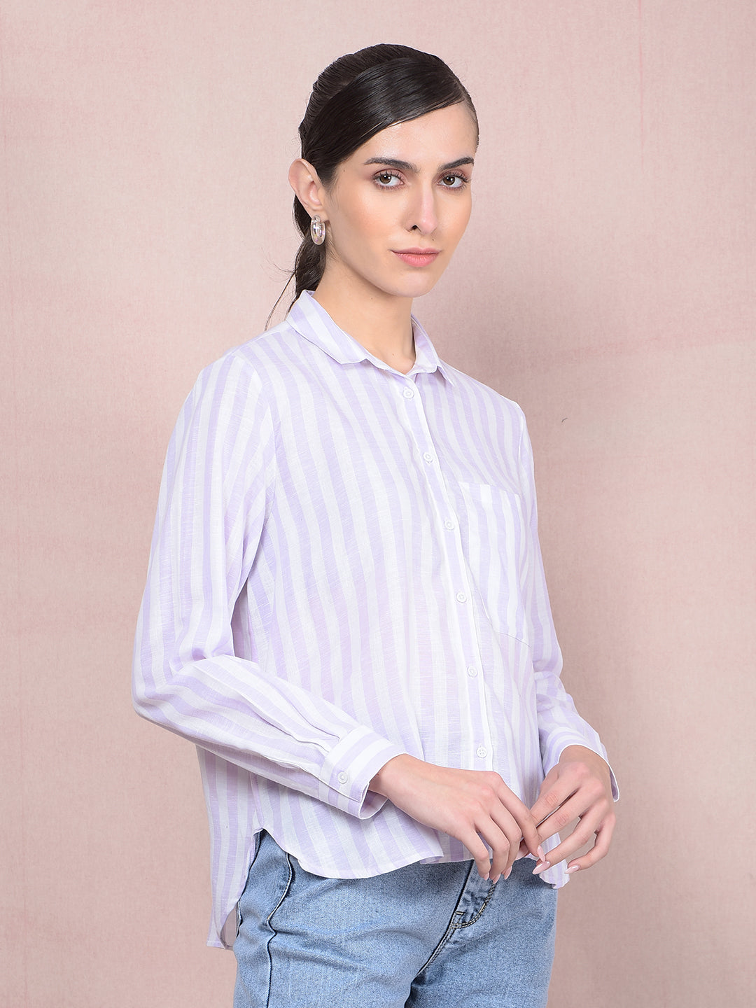 Purple Vertical Stripes Linen Shirt-Women Shirts-Crimsoune Club