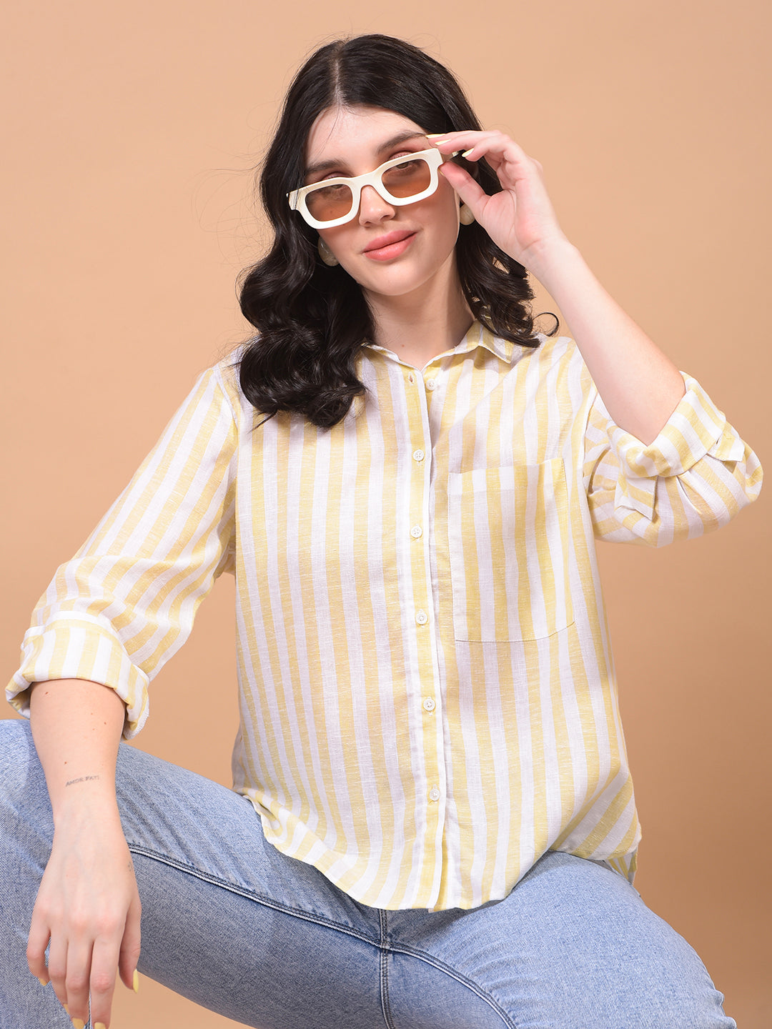 Women's Yellow Vertical Stripes Linen Shirt-Women Shirts-Crimsoune Club