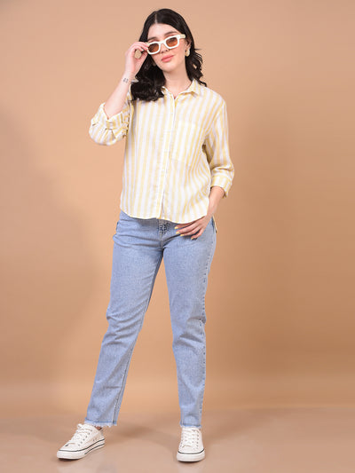 Women's Yellow Vertical Stripes Linen Shirt-Women Shirts-Crimsoune Club