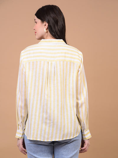 Women's Yellow Vertical Stripes Linen Shirt-Women Shirts-Crimsoune Club
