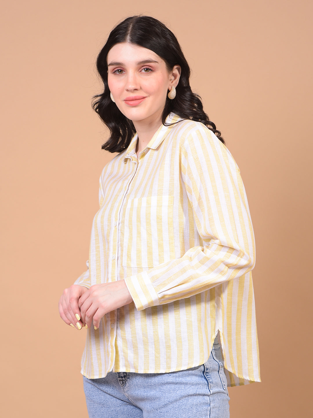 Women's Yellow Vertical Stripes Linen Shirt-Women Shirts-Crimsoune Club
