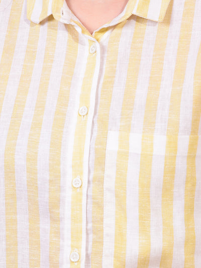 Women's Yellow Vertical Stripes Linen Shirt-Women Shirts-Crimsoune Club