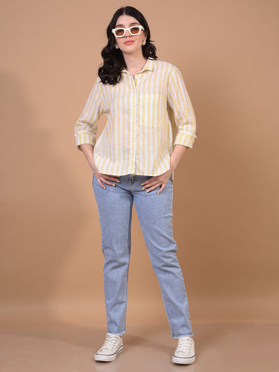 Women's Yellow Vertical Stripes Linen Shirt-Women Shirts-Crimsoune Club