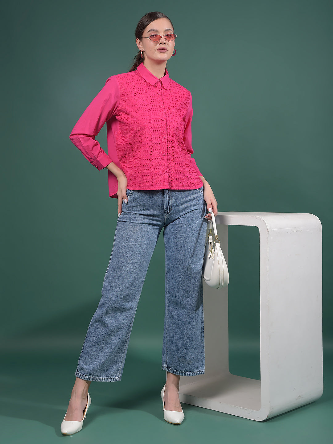 Red Embroidered 100% Cotton Shirt-Women Shirts-Crimsoune Club