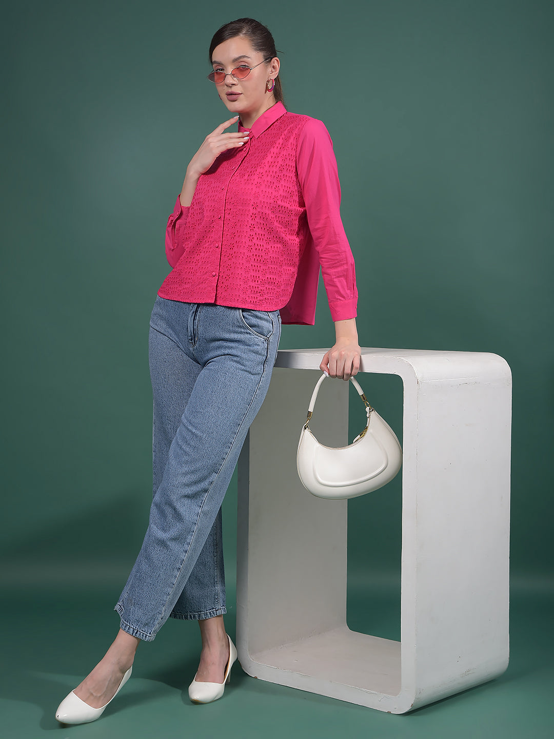 Red Embroidered 100% Cotton Shirt-Women Shirts-Crimsoune Club