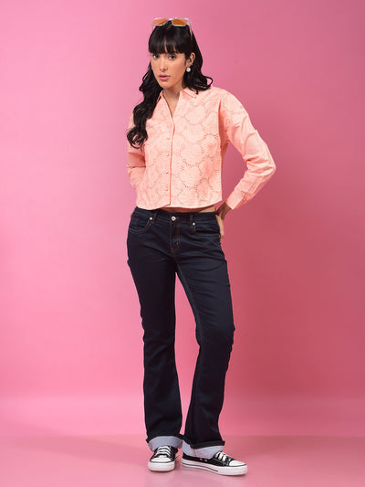 Orange Embroidered 100% Cotton Crop Shirt-Women Shirts-Crimsoune Club