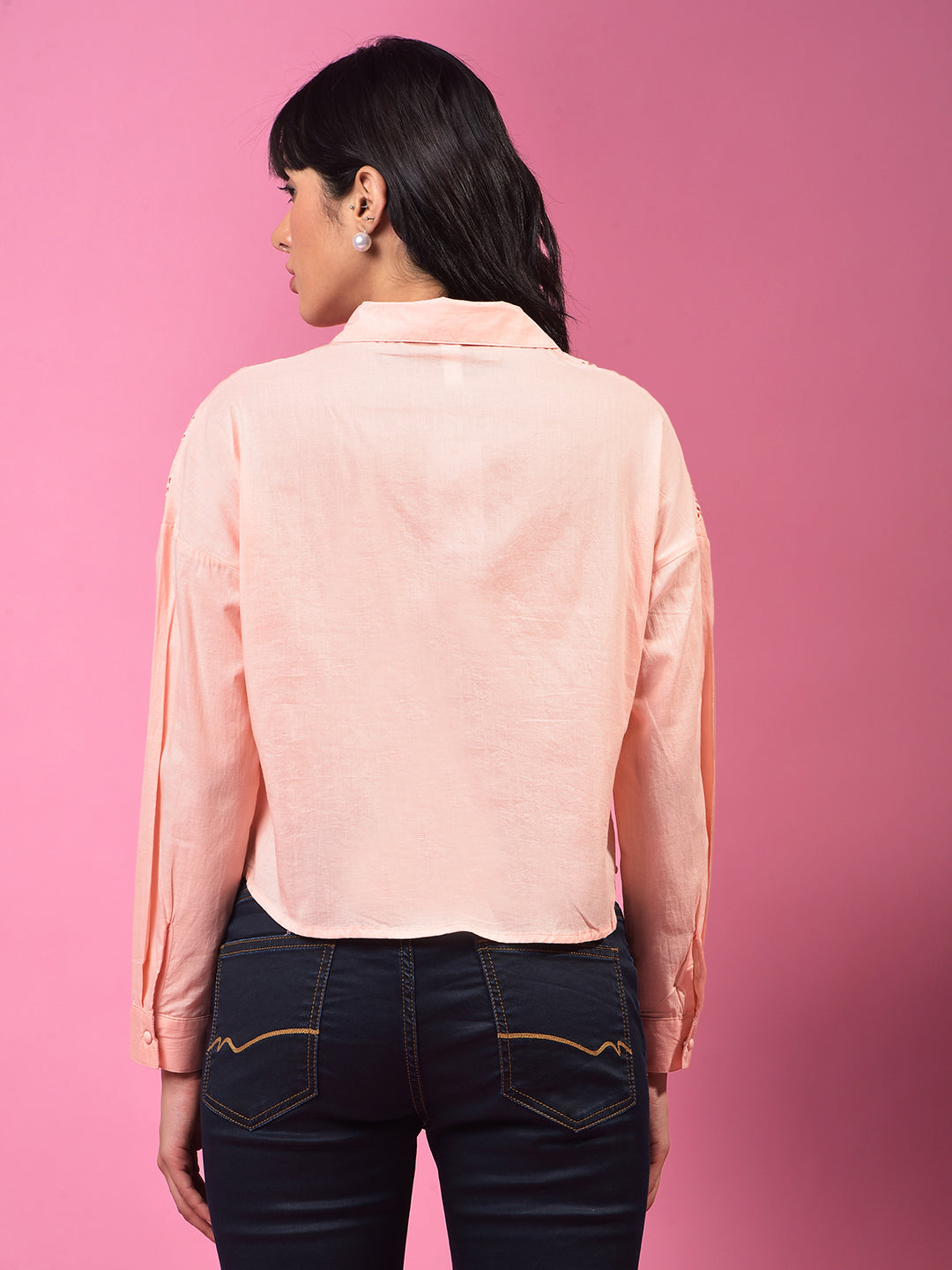 Orange Embroidered 100% Cotton Crop Shirt-Women Shirts-Crimsoune Club