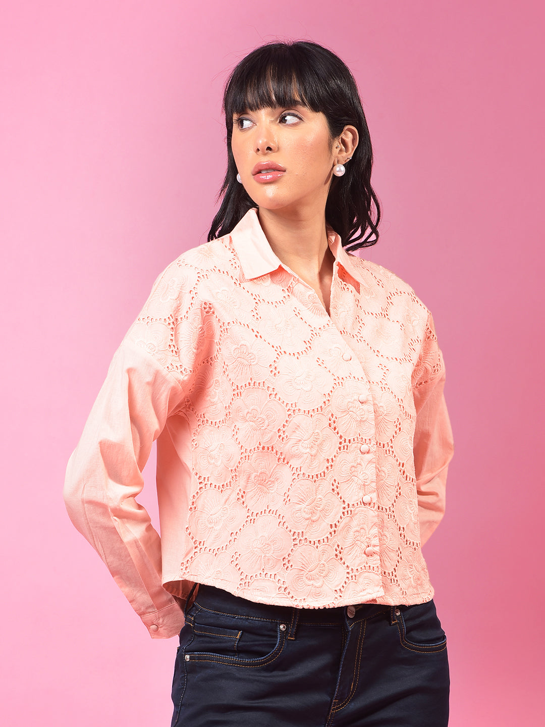 Orange Embroidered 100% Cotton Crop Shirt-Women Shirts-Crimsoune Club