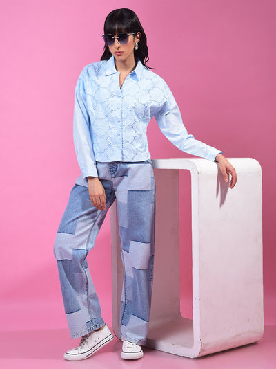 Blue Embroidered 100% Cotton Crop Shirt-Women Shirts-Crimsoune Club
