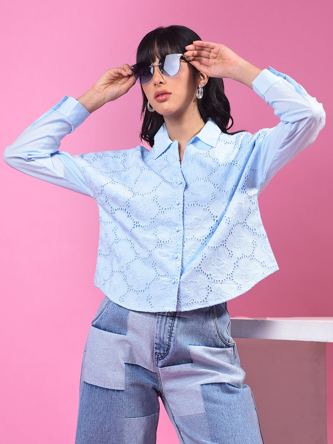 Blue Embroidered 100% Cotton Crop Shirt-Women Shirts-Crimsoune Club