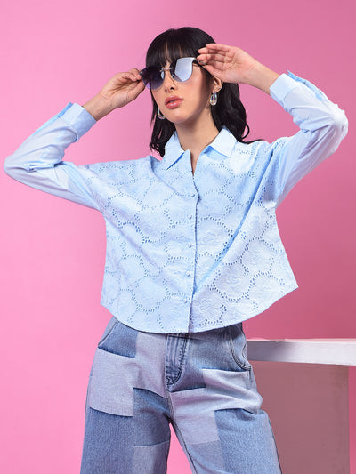 Blue Embroidered 100% Cotton Crop Shirt-Women Shirts-Crimsoune Club