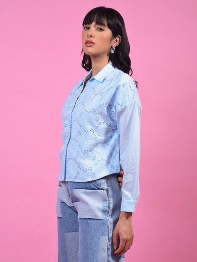 Blue Embroidered 100% Cotton Crop Shirt-Women Shirts-Crimsoune Club