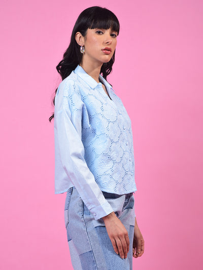 Blue Embroidered 100% Cotton Crop Shirt-Women Shirts-Crimsoune Club