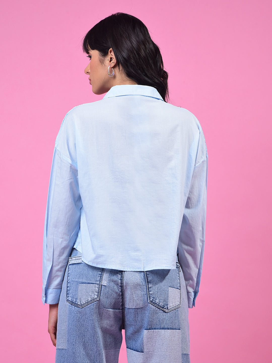 Blue Embroidered 100% Cotton Crop Shirt-Women Shirts-Crimsoune Club