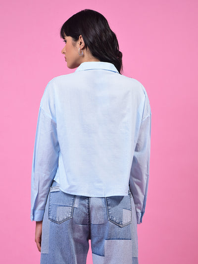 Blue Embroidered 100% Cotton Crop Shirt-Women Shirts-Crimsoune Club