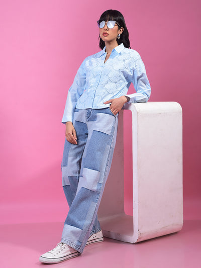 Blue Embroidered 100% Cotton Crop Shirt-Women Shirts-Crimsoune Club