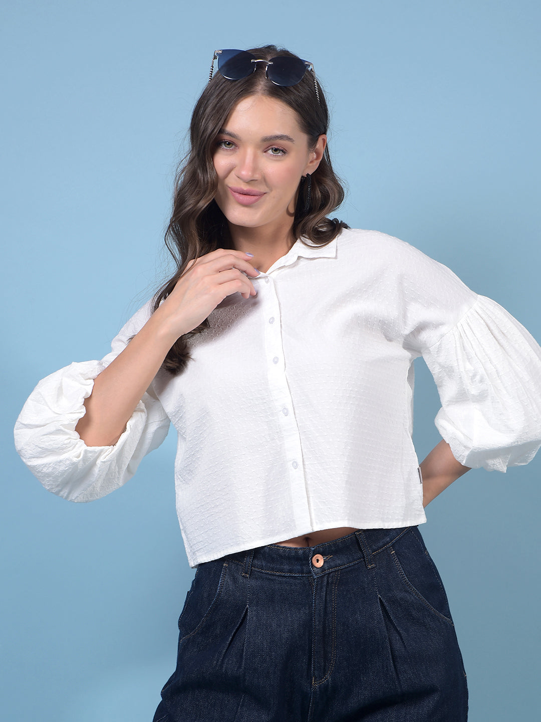 Women's White Crop-Length Shirt-Women Shirts-Crimsoune Club