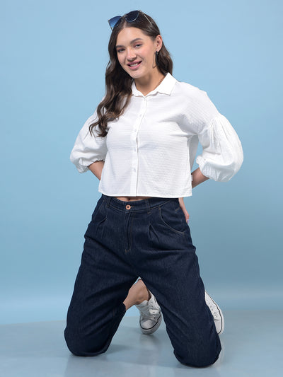 Women's White Crop-Length Shirt-Women Shirts-Crimsoune Club