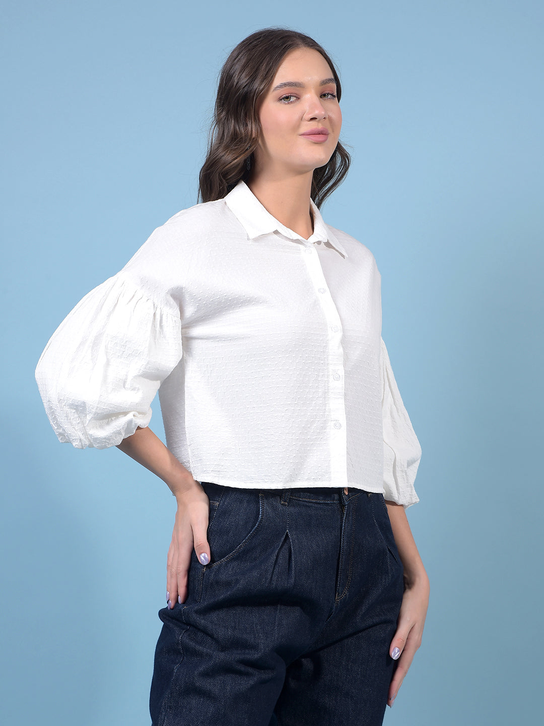 Women's White Crop-Length Shirt-Women Shirts-Crimsoune Club