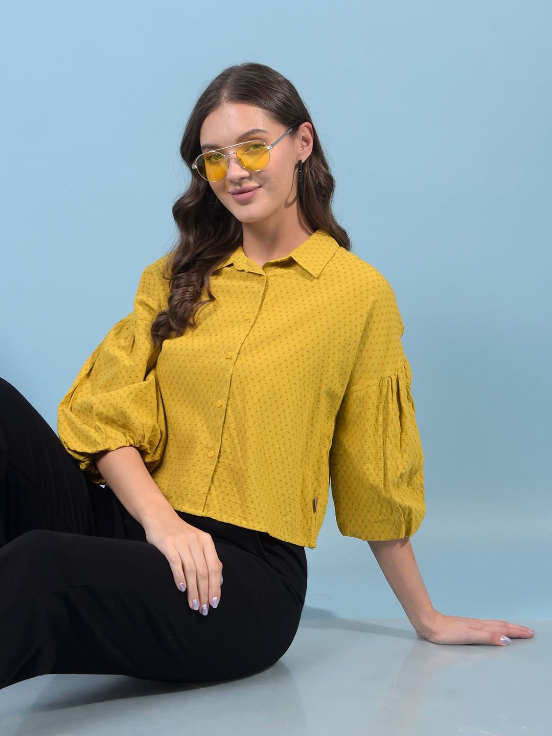 Women's Mustard Crop-Length Shirt-Women Shirts-Crimsoune Club