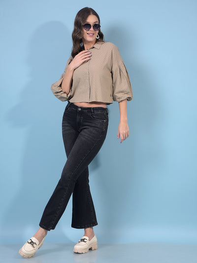 Women's Brown Crop-Length Shirt-Women Shirts-Crimsoune Club