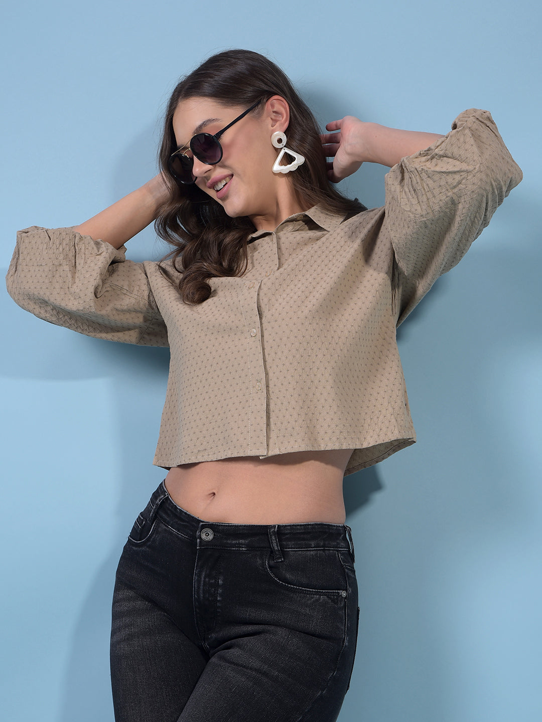 Women's Brown Crop-Length Shirt-Women Shirts-Crimsoune Club