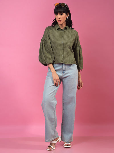Green Printed 3/4th Sleeves Crop Shirt-Women Shirts-Crimsoune Club