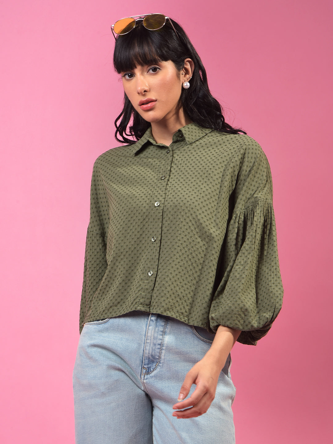 Green Printed 3/4th Sleeves Crop Shirt-Women Shirts-Crimsoune Club