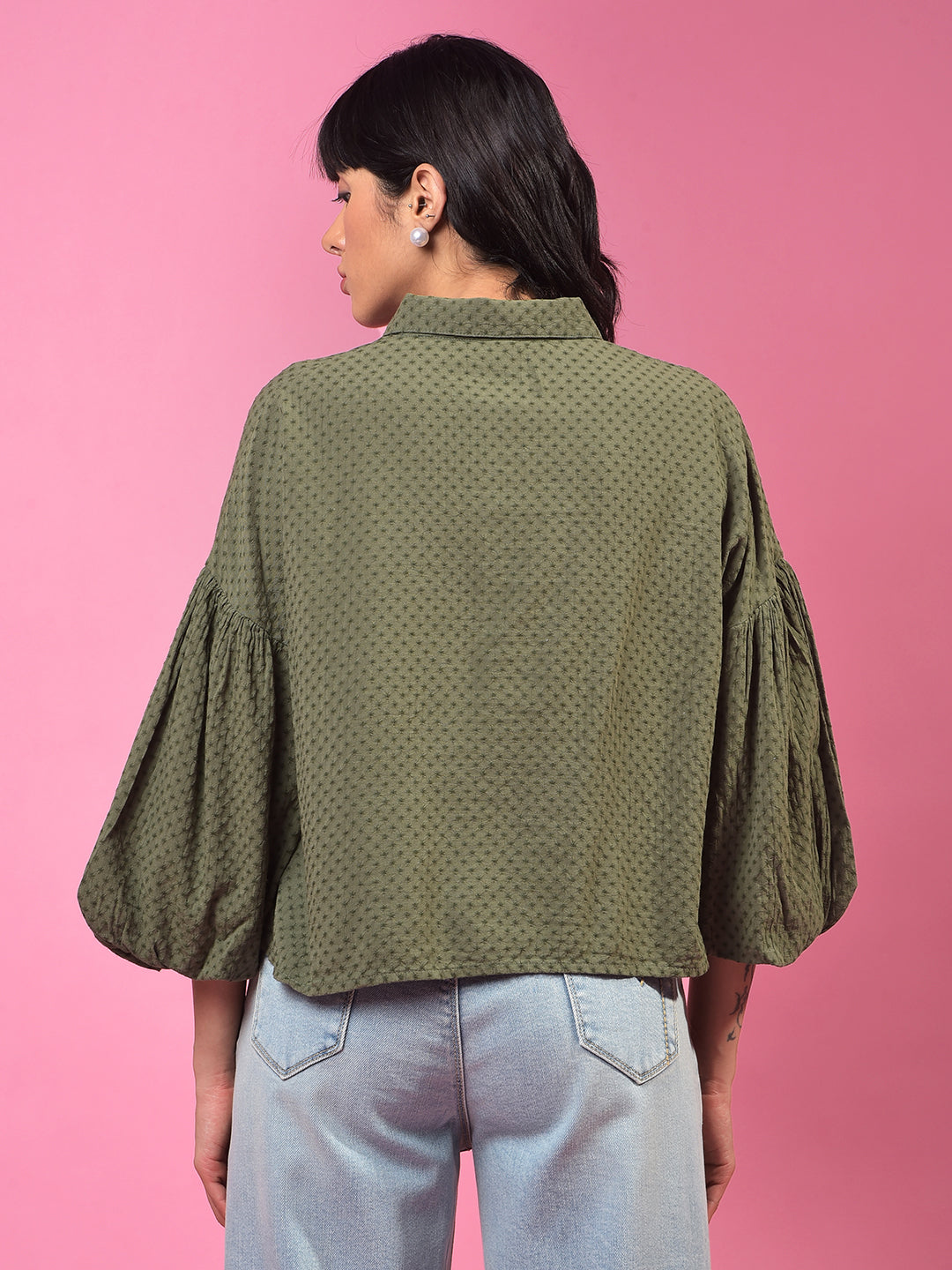 Green Printed 3/4th Sleeves Crop Shirt-Women Shirts-Crimsoune Club