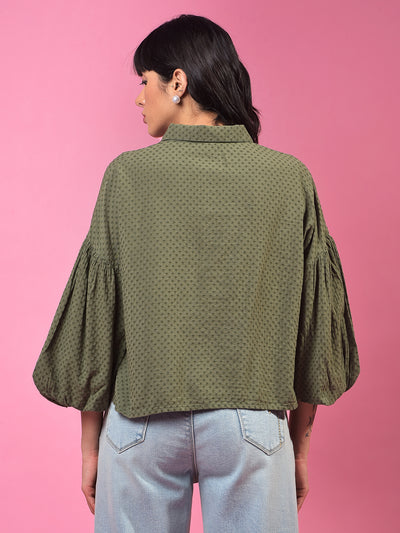 Green Printed 3/4th Sleeves Crop Shirt-Women Shirts-Crimsoune Club
