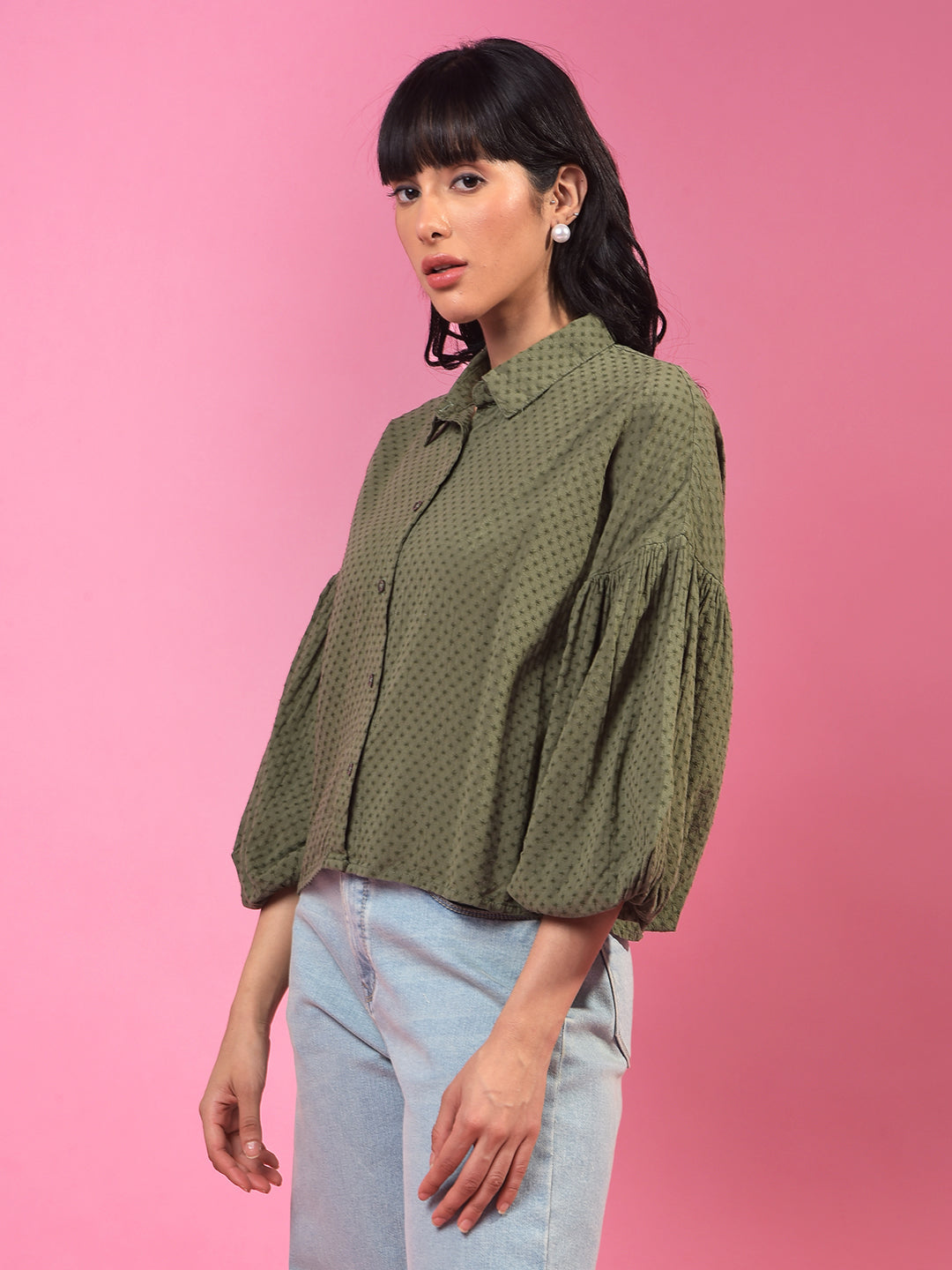 Green Printed 3/4th Sleeves Crop Shirt-Women Shirts-Crimsoune Club