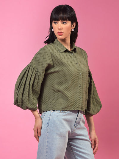 Green Printed 3/4th Sleeves Crop Shirt-Women Shirts-Crimsoune Club