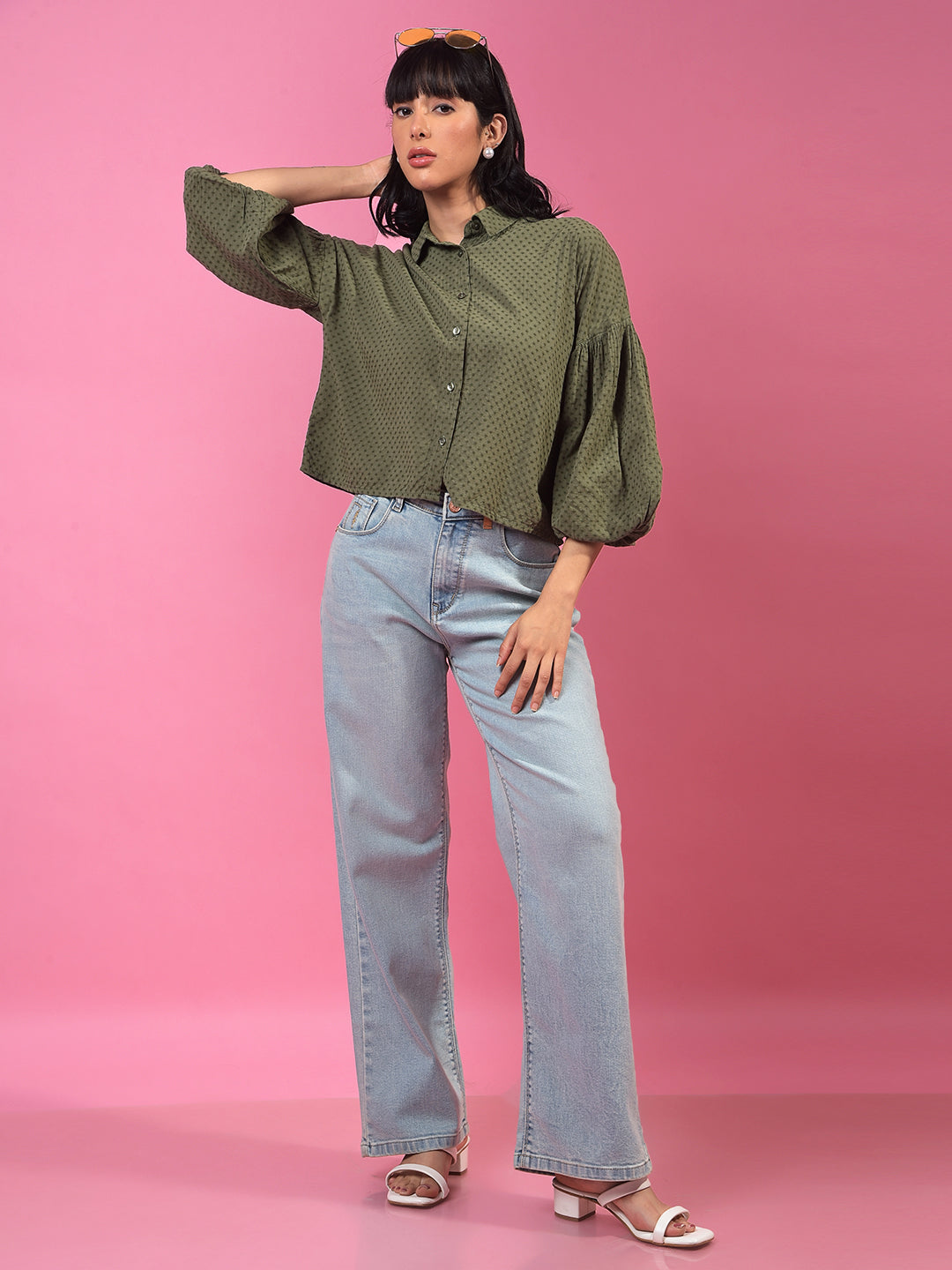 Green Printed 3/4th Sleeves Crop Shirt-Women Shirts-Crimsoune Club