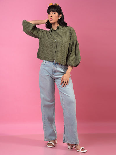 Green Printed 3/4th Sleeves Crop Shirt-Women Shirts-Crimsoune Club
