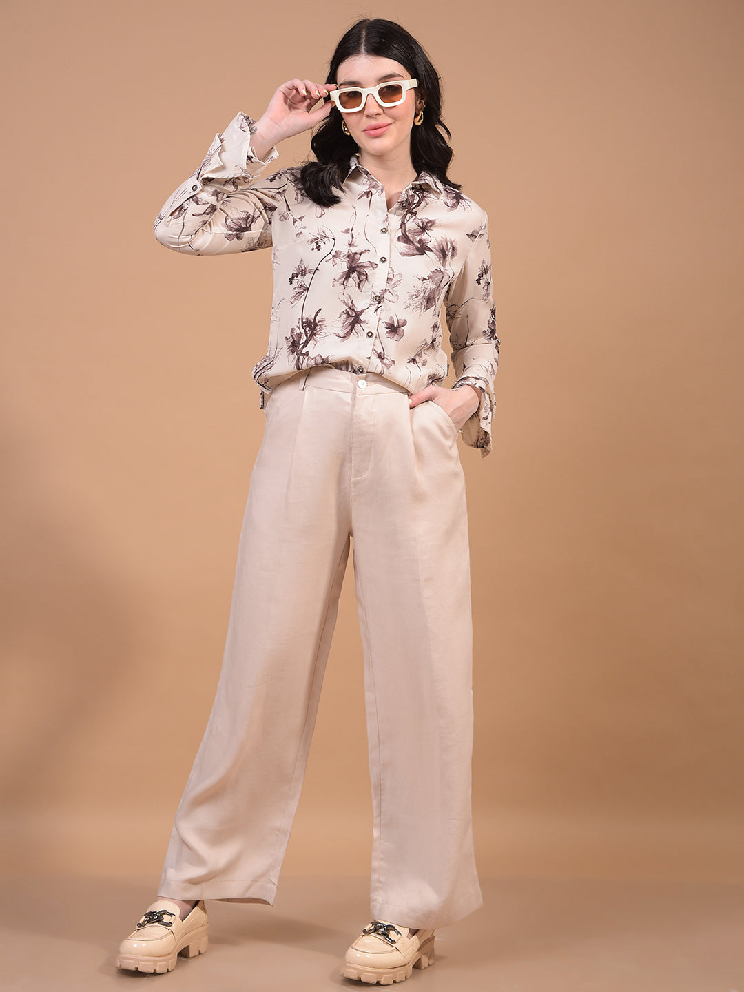 Women's Brown Floral Print Shirt-Women Shirts-Crimsoune Club