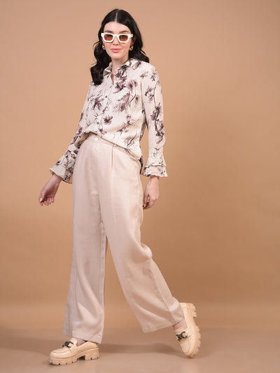 Women's Brown Floral Print Shirt-Women Shirts-Crimsoune Club