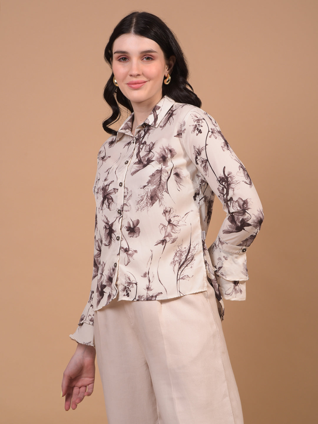 Women's Brown Floral Print Shirt-Women Shirts-Crimsoune Club