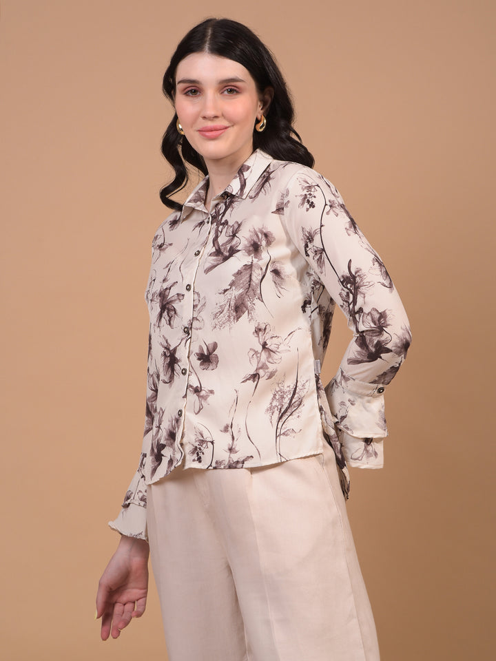 Women's Brown Floral Print Shirt-Women Shirts-Crimsoune Club